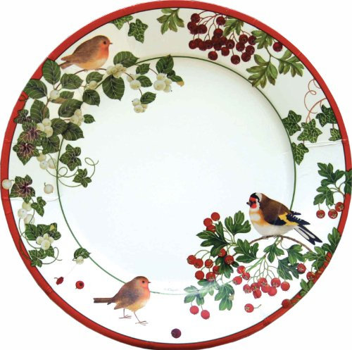 Entertaining with Caspari Set of 2 Winter Birds Dinner Plates, 16 Plates Total