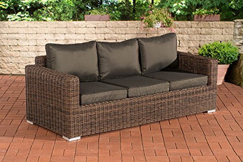 CLP Polyrattan 3er Sofa Bilbao/Madeira Mit 3 Sitzplätzen I Gartensofa Mit Aluminium-Gestell I Loungesofa Mit Polsterkissen I 5mm Rattandicke, Farbe:braun-meliert, Polsterfarbe:Anthrazit