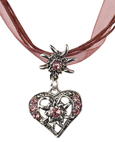 Trachtenkette elegantes Herz mit Strass und Edelweiss in vielen Farben - Anhänger Trachtenschmuck Kette für Dirndl und Lederhose Damen (Weinrot)