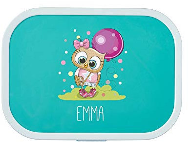 4you Design Personalisierte türkise Brotdose -EULE- mit Namen – inkl. Bento-Box & Snack-Gabel für Schule & Kindergarten, Geschenk für Kinder, Weihnachten (Türkis)