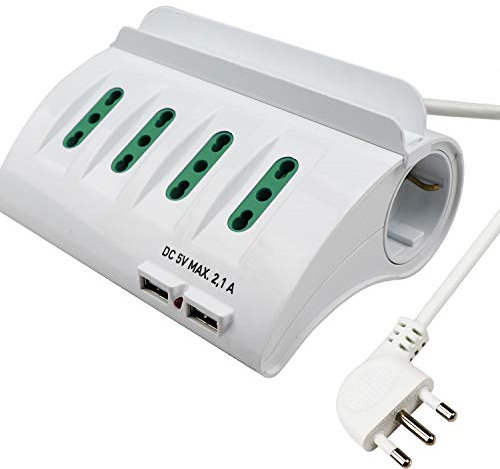 Extrastar Multipresa da Scrivania/Tavolo con 2 Presa USB,Presa con interruttore automatico di protezione 16A,Bianco,3500W,6 Prese (4 ITA/Schuko),2M