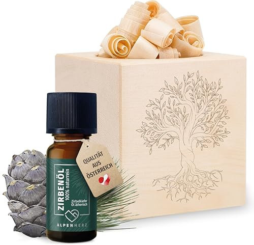 ALPEN HERZ Zirbenwürfel Set - Zirbenöl 10 ml naturrein aus Österreich - Zirbenholz Würfel Duftspender Zirben Duft Holz zur Deko Zirbe Diffuser Geschenke Zirbelkiefer Zirbenlüfter Zirbenset (Baummotiv)