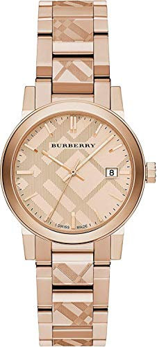 Montre suisse rare gravée or rose cadran date 34 mm The City BU9146, [Bracelet en or rose à carreaux]+[Cadran or rose], Prorsum London Brit Trench The City Endurance Heritage Herringbone Sports
