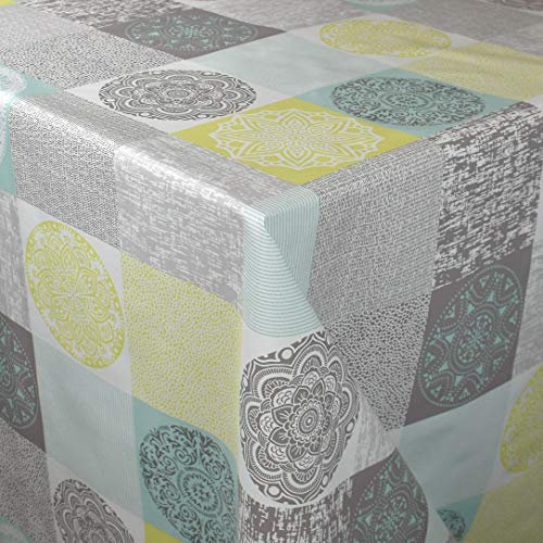 KEVKUS Wachstuch Tischdecke Meterware C142083 Mandala Ornamente grau beige weiß wählbar in eckig rund oval (Rand: Schnittkante (ohne Einfassung), 110 x 260 cm eckig Biertisch XXL)