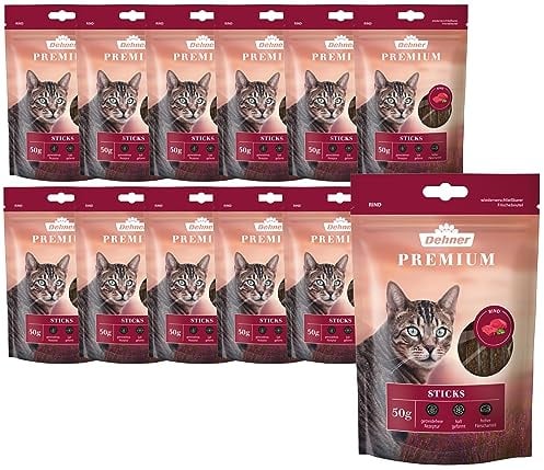 Dehner Premium Katzensnack, Leckerli getreidefrei / zuckerfrei, für ausgewachsene / sensible Katzen, Rindfleisch-Sticks, 12 x 50 g (600 g)