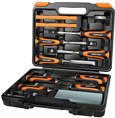 Enertwist 13pcs Wood Chisel Set, Premium Woodworking Chisel Sets w/ 8 CRV Construction Wood Chisels, 1 Sharpening Stone, 1 Honing Guide, 2 Carpenter Pencils, 1 Sharpener for Wood Carving in Hard Case