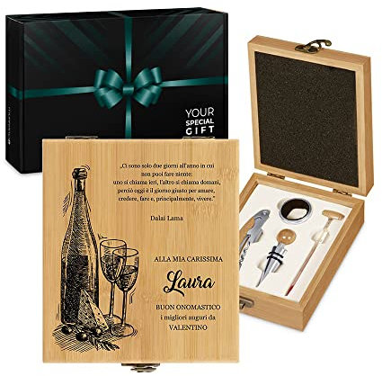 Maverton Set di Accessori da Vino - Kit Cavatappi da Vino Degustazione Perfetta Personalizzato - Scatola in Legno di bambù + 4 Pezzi di Accessori Vino - Regalo Donna - Giorni