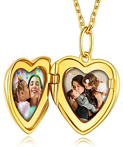 Custom4U Collier 2 Photos Personnalisé Argent 925 Plaqué Or Pendentif Médaillon Coeur Porte Photo Bijoux Vintage Cadeau Anniversaire pour Maman Original