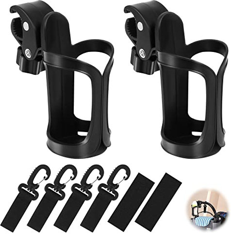 Getränkehalter für Kinderwagen 2 Stück Universal Becherhalter 360° Rotation Kinderwagen Cup Holder Einstellbar Fahrrad Flaschenhalter mit 4 Haken für Kinderwagen, Buggy, Fahrräder Schwarz