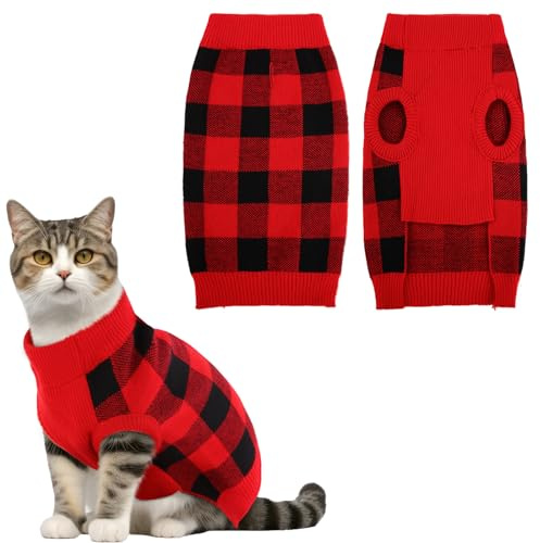 KATZINST Hunde Pullover, Weihnachtspullover Hund, Fleece Hundepullover Weihnachten mit Karomuster, Hundepullover Mittelgroße Hunde für Chenery Malteser Jack Russell, Rot Schwarz M