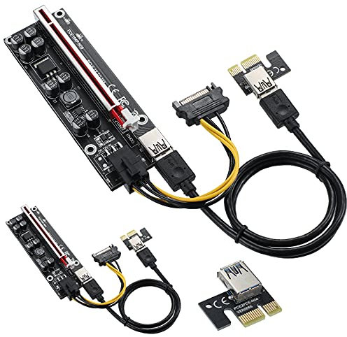 MZHOU PCIe Riser 1X to 16X Riser Card GPU Riser Graphics Extension Powered Riser Adapter Card with USB 3.0 Cable & 6 PIN Power Cable for Bitcoin Crypto Ethereum Mining(Chip:VER009S Black-2 Pack)