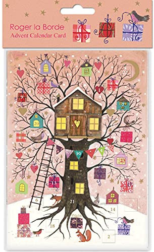 Roger La Borde Baumhaus rosa Adventskarte mit gestanzten Fenstern, Goldfolie, 170 x 120 mm – Roger la Borde Baumhaus Urlaub Advent Karte