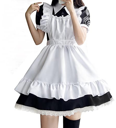 Aurueda French Maid Dress Cosplay Anime Halloween Kostüm Maid Outfit Niedliche Maid Kostüm Set mit Kleid Schürze Kopfbedeckung für Halloween Maid Costume Schwarz und Weiß, Größe S