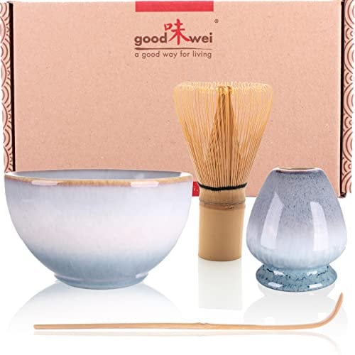 Goodwei Matcha Set komplett mit Matchabesen, Matcha Löffel und Matcha Schale aus Keramik mit Besenhalter im passenden Design | Kunstvoll gefertigte Teeschale Chawan (Moya, 80)