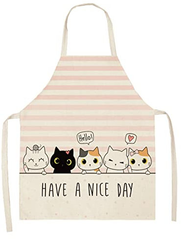Kochschürze Gestreifte Rosa Katze Schürze Damen Baumwolle und Leinen Kittelschürze Einstellbar Kochschürze Männer Wasserdicht Küchenschürze Grill Schürze Mann Antifouling Kinderschürze 55x68cm