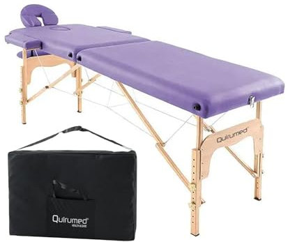 QUIRUMED Easy Table de Massage Pliante en Bois, Couleur Violet, 186 x 66 cm, Table de Massage, Massage Physiothérapie, Similicuir, Tête Articulée, Hauteur Réglable, 2 Corps