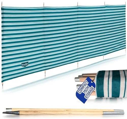 Vanilla Leisure Windbreaker 7 Pole L520cm x H125cm - Wind Breaks for Camping, Beach, Caravan & Garden - Heavy Duty Windbreaks with Metal Tipped Wooden Poles for Extra Stability - Freestanding Screen
