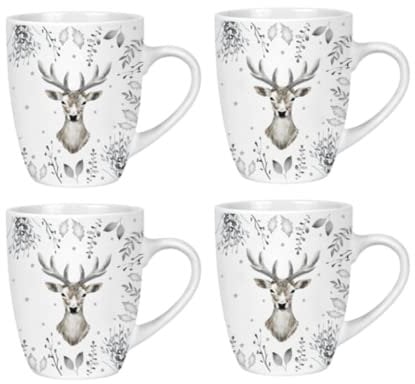 Set of 4 White and Silver Christmas Mugs Stag Deer Foliage Print 350ml Mug Set Coffee Cups Xmas Gift Festive