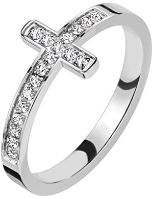 Paula & Fritz® Ring Damen Silber Kreuz Zirkonia Klar 316L Chirurgenstahl Größe 57 (18,1) 9,1-mm breit Damenring Herrenring Partnerring Religion Glaube