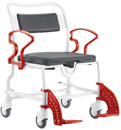 FabaCare Toilettenrollstuhl Duschrollstuhl Atlanta XXL, bis 175 kg, made in Germany, Premium Toilettenstuhl, Duschstuhl fahrbar, Rollstuhl mit WC Eimer, Grau-Feuerrot