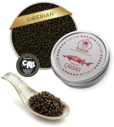 SEPEHR DAD CAVIAR Siberian Kaviar vom sibirischen Stör 50 g I ohne Borax I feines bis mittelgroßes Korn I aus nachhaltiger Aquakultur I kräftig-würzig I Stör Kaviar aus Acipenser Baeri Störrogen