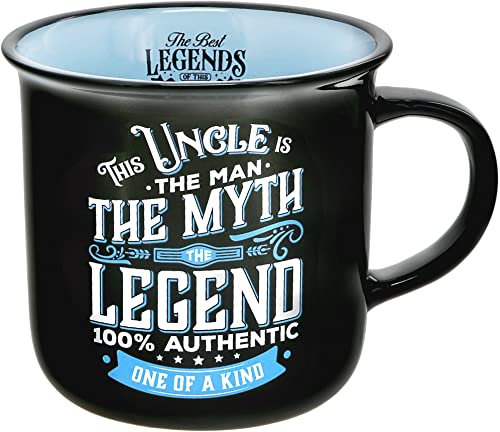 Pavilion Gift Company - Uncle The Legend – Tazza da falò in ceramica da 368,5 g, tazza da caffè double-face, tazza per zio, regalo per zio, 1 pezzo – Confezione da 1, 9,4 x 12,7 x 8,9 cm, nero/blu