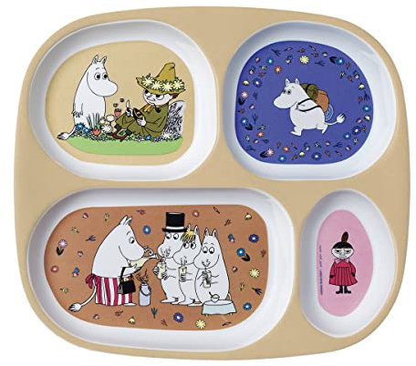 PLATEAU À 4 COMPARTIMENTS - MOOMIN - Pour Enfant 6Mois+ - Mélamine - Sans BPA - 24 x 21- Lavable Au Lave-Vaisselle - MULTICOULEURS-