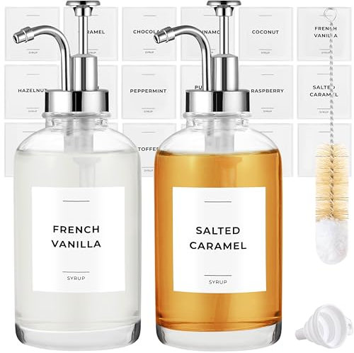 Spaceneat Coffee Syrup Dispenser with Pump - Includes 24 Flavour Labels - Glass Syrup Dispenser for Coffee Bar - Elevate your Beverage Station with 500 ml Flavouring Container Bottles, 2pcs, Silver