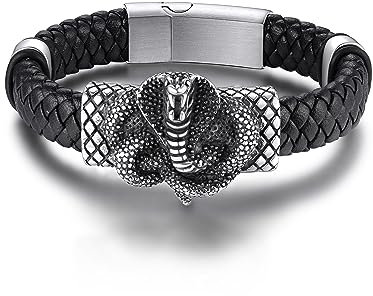 GoldChic Punk Herren Armband Lederarmbänder Schwarz Edelstahl Herrenarmband Lederband mit Kobra Charm Punk Männer Jungen Armkette 21m lang Geschenke für Vatertag Geburtstag