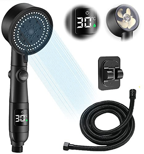 Pommeau de Douche à Économie D'eau avec Affichage de la Température, Pommeau de Douche Haute pression avec Tuyau de 2 m, 5 Modes, Pommeau de Douche avec Support Non Perforé pour Bain