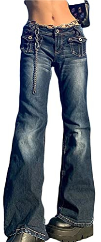 ticticlily Pantaloni Jeans Donna Larghi a Vita Alta Gamba Dritta Y2K Vintage Jeans Elastico Lavati Pantaloni Denim a Matita Casuale Harajuku Hip Hop Streetwear Pantalone Cargo Svasato con Tasche
