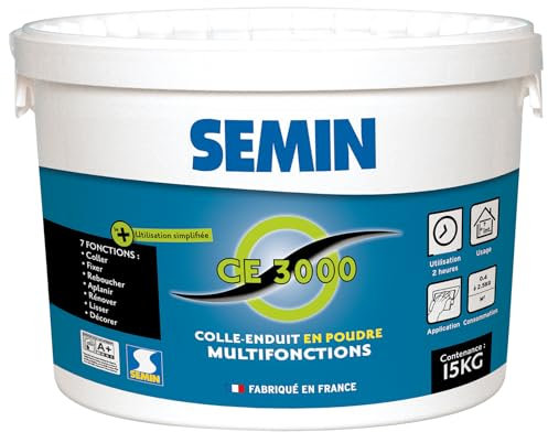 Enduit Multifonctions CE 3000 Semin pour Coller, Fixer, Reboucher, Lisser, Poudre, Intérieur, Seau de 15 kg