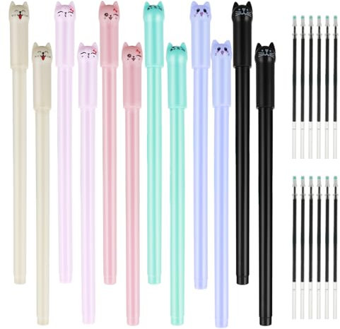 Mabor 12 Stück Süße Katze Kugelschreiber Fine Point Gel Stifte für Kinder 0,5 mm Schwarze Tinte Stift Kawaii Stifte für Schule Büro Lieferungen Schreibgriffe Pens(12 Ersatz Nachfüllungen)