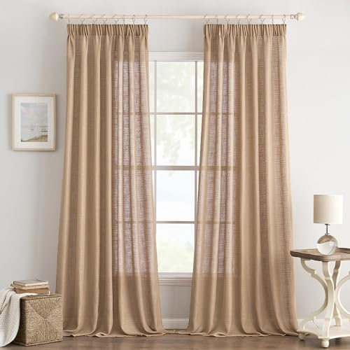EMEMA Gardinen Vorhänge Leinenvorhang mit Kräuselband Voile Vorhang Leinenoptik Modern Halbtransparent für Wohnzimmer Dekoschal Küchengardinen Schlaufenschal Schlafzimmer Braun 140 x 175 cm