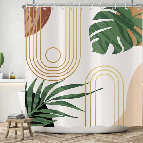 ASDCXZ Rideau de Douche Boho Feuilles 180x180 cm, Art Abstrait Moderne Boho Noir Feuilles Vertes Or Beige Lavables Textile Rideau de Bain imperméable pour Baignoire avec 12 Crochets