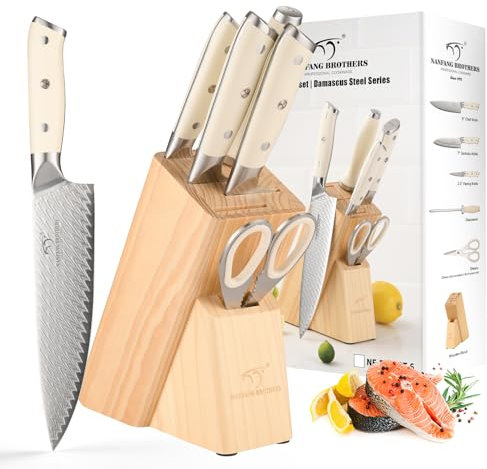 NANFANG BROTHERS Damascus Kitchen Knife Set with Block 6 Piece, Knife Set, Perfect Knife Set Gift, VG10 Steel Core with HRC 60 ± 2 Hardness, with Cooking Shears