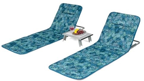 COSTWAY 2er Set Strandmatte mit Beistelltisch, Kopfkissen & Staufach, Liegematte mit Verstellbarer Rückenlehne, Sonnenmatte faltbar, leicht, tragbar, Strandliege für den Strand (Türkisblau)