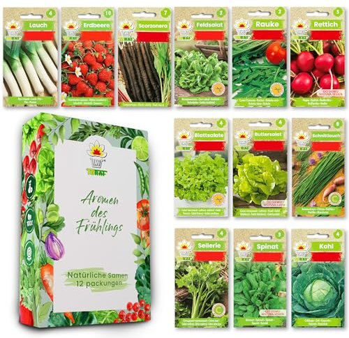 LW TORAF Set de Semillas Huerto 12 variedades premium de hortalizas, semillas, plantas jardín, balcón, cocina, ensaladas, fresa, rábano, cebollino, espinaca, rúcula, ruibarbo, plantas aromaticas