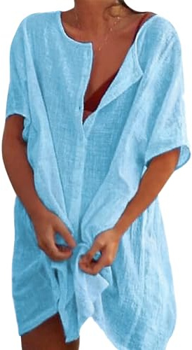 Minicoco Women Beach Cover Up Button Down Shirt Dresses Cotton Shirt Long Beachwear Swimsuit Bikini Cover-Up Casual Short Sleeve Beachwear Kimonos Bathing Suit
