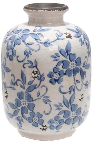Blaue und weiße Keramik-Blumenvase, französisches Dekor, für Wohnräume, Verschiedene Räume, 18,8 cm H