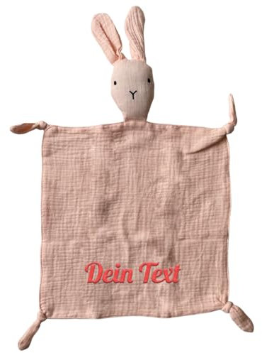 Personalisierte Schmusetuch mit Namen bestickt - für Baby - Kuscheltuch aus weichem Musselin mit Hase-Köpfchen - ideal als Geschenk zur Geburt - 28x28cm (Rosa)
