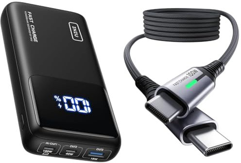 INIU Batterie Externe, 25000mAh 100W Power Bank Charge Rapide, Batterie Externe USB & Câble USB C, 2m 100W PD 5A Cable USB C Charge Rapide QC 4.0 Chargeur Type C Nylon Tressé pour iPhone 15 Samsung