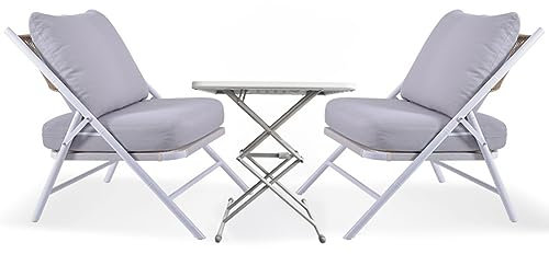 Tische und Stühle für den Außenbereich, Gartenmöbel, Bistro-Set, zusammenklappbares Terrassen-Gesprächs-Tischset aus gewebtem Seil, mit Kissen, Terrassenmöbel-Sets für