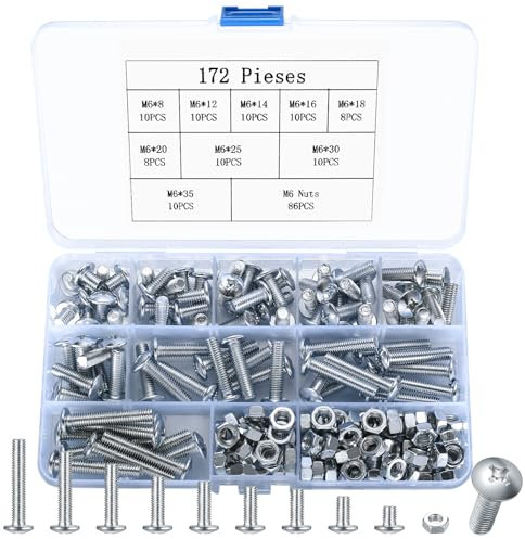 172 STK M6 Schrauben Set, Linsenkopfschrauben, Gewindeschrauben Set, Kohlenstoffstahl Maschinenschrauben Sortiment, Kreuzschlitzschrauben mit Muttern für Reparatur Industrie Fahrrad Schrauben