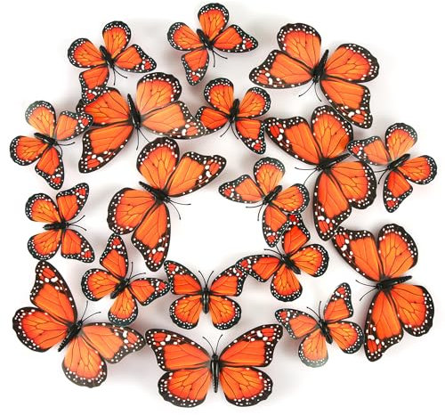 24 Stück Monarchfalter-Magnete, Künstlicher Wandaufkleber Schmetterlinge 3D Aufkleber zum Basteln für Wand Zuhause Dekor Kunst Zimmer Kühlschrank Halloween Geburtstag Party (Orange)