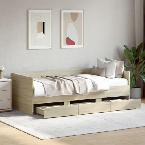 Homgoday Tagesbett mit Schubladen Ausziehbett Schlafsofa für Schlafzimmer, Bettsofa Sofabett Jugendbett Bettgestell für Wohnzimmer Schlafzimmer Sonoma-Eiche 75x190 cm Holzwerkstoff