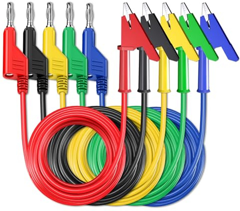 Cleqee 5 cavi di misurazione da 4 mm, impilabili, spina a banana a coccodrillo, cavo flessibile, 10 ft/3 m, per multimetro test elettrici