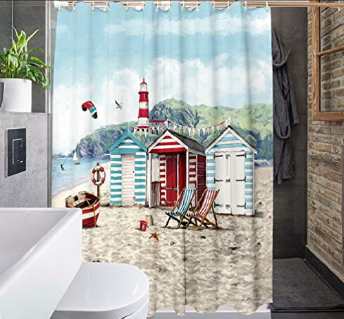 SCVBLJS Beach Hut Shower Curtain Waterproof Bathroom Bathtub Polyester Fabric Bathroom Shower Curtain With Hooks 165X180cm