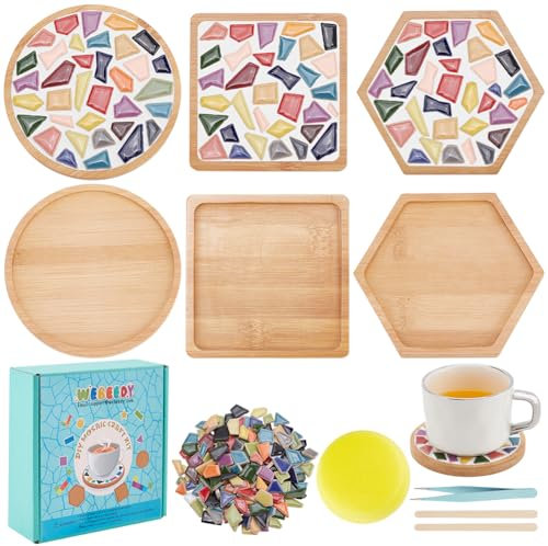 WEBEEDY 3 Set DIY Keramik Mosaik Untersetzer Mosaikfliesen Stücke Mit Bambusuntersetzer Mosaikherstellung Mit Anleitung Für Erwachsene Anfänger Geschenk Für Desktop Geburtstags Sommerparty