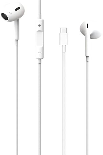 TYPE C Earpods Wired HiFi Stereo Noise Reduction Earbuds with Mic - USB C In Ear Headphones for iPhone 15 Pro Max S23/S22/S21/S20 - White